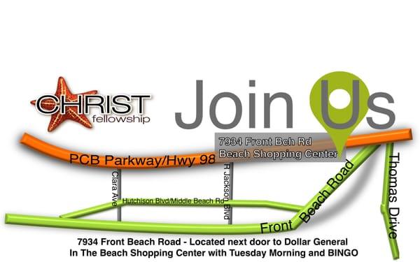 Located on the East end of PCB between PCB Parkway (Back Beach Rd) & Front Beach Road