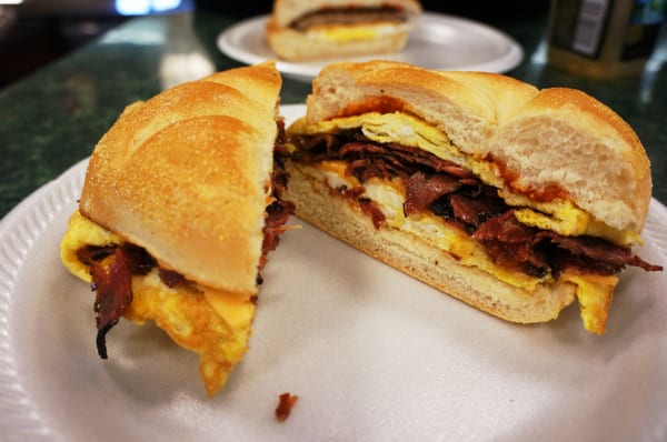 Pastrami Egg and Cheese Breakfast Sandwich