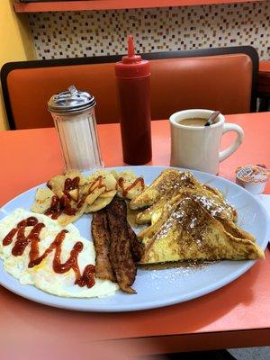 I wanted something sweet and salty for breakfast, so I went with their French toast platter with eggs over easy, bacon, and home fries.