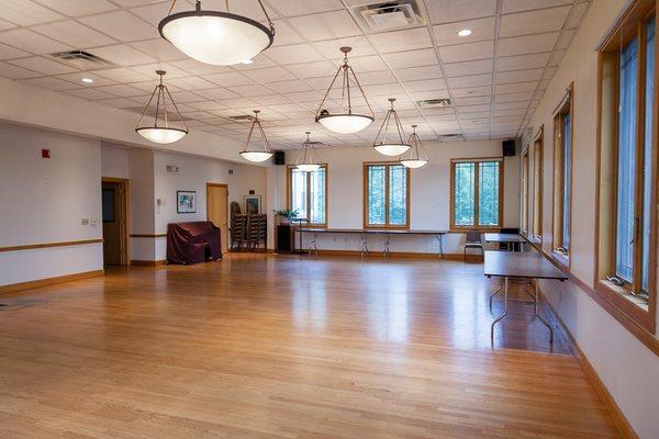 Fellowship Hall is full of natural light and seats up to 80 people at tables and 100 with seating only.