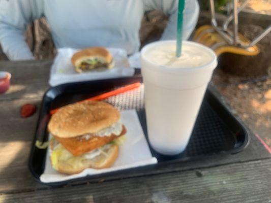 double cheeseburger and fish sandwich, with large vanilla shake $12