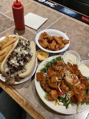 Buffalo chicken salad, Philly cheese steak and onion petals...homestyle and DELICIOUS!