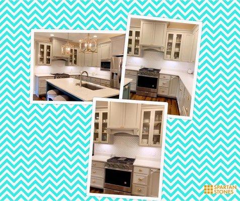 MSI Carrara Mist Quartz w/Domino White Arabesque Tile Backsplash Eased edge