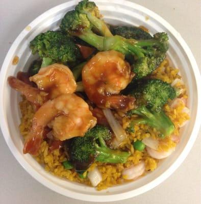 Shrimp and broccoli with shrimp fried rice