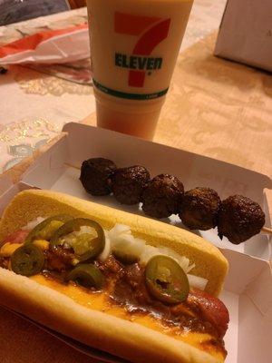 Hot dog, meatballs and horchata.