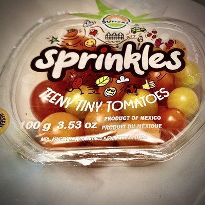 "Sprinkles" teeny tiny tomatoes, smaller than a cherry or a grape, so nice.