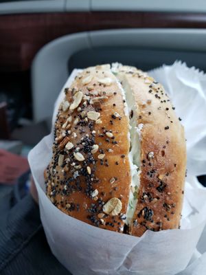 Everything bagel with spread of the week bacon scallion