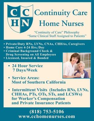 Quality Agency providing both licensed and non-medical home care in most of Southern CA.