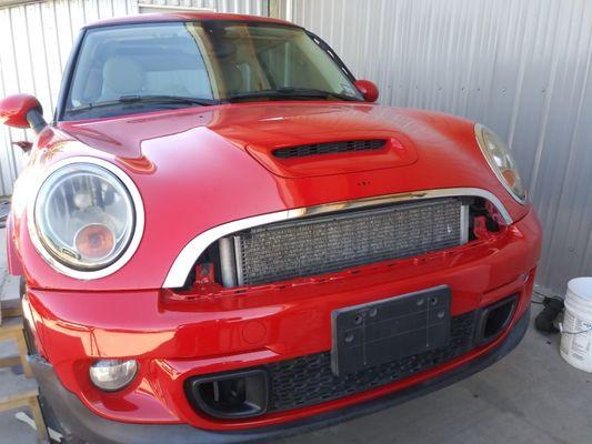 We paint and replace the whole front on this mini cooper