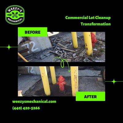 Before and after photos of a commercial property cleanup by Weezy's Mechanical.