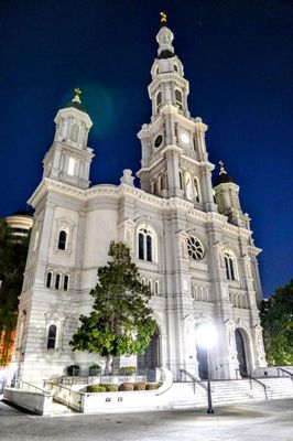 Front entrance at night.