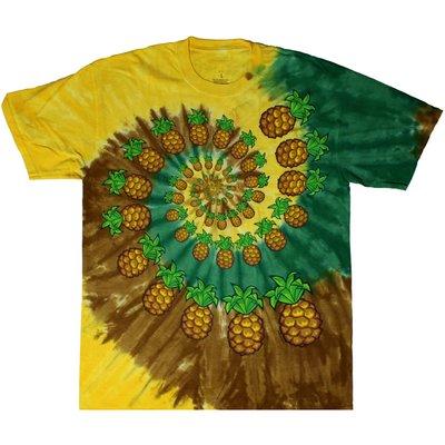 This tie dye t-shirt is dyed in beach colors and screen printed with pineapples in the spin.