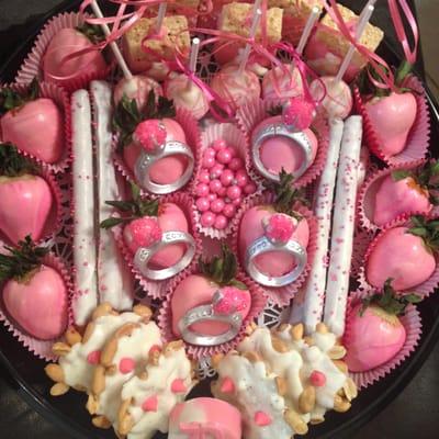 Bridal Shower Platter featuring Rice Krispie Treats, Peanut Patties, Dipped Pretzels and Pizzazzed Berries