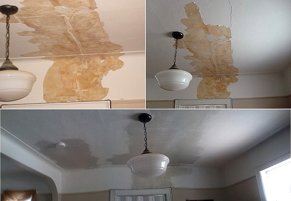 Ozone Park, NY. Water damage ceiling, Before and after repair before painting.