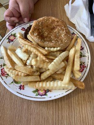 My sons plain cheeseburger and fries