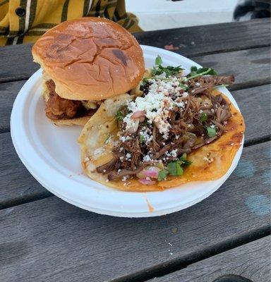 Birria Taco with Mac and Cheese, Chicken Sandwich