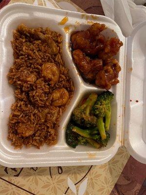 Shrimp fried rice, sesame chicken and Spicy   shrimp and broccoli