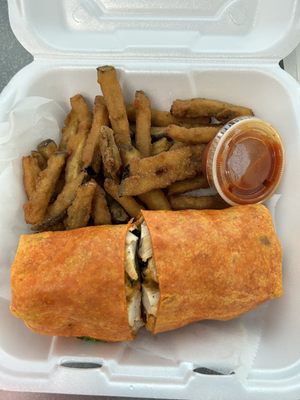 Chicken chipotle wrap with eggplant fries