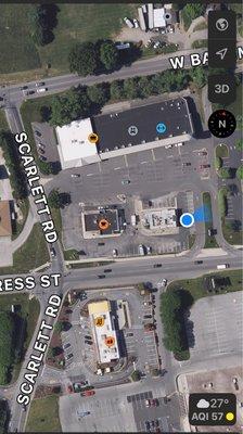 Blue dot marks location of Arby's