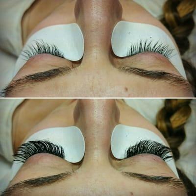 Before and after of a full set. All individual lashes and so beautiful!