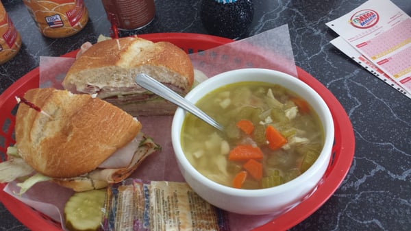 Comfort food when you worth in a snow storm: chicken noodle soup with a toasted ham and cheese sandwich