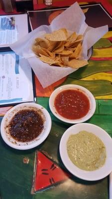 Chips and 3 different salsas.