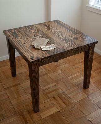 36" Square Farmhouse Table. Solid wood dining table with Tapered Legs. All stained Dark Walnut.