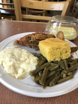 Fried Chicken, mashed taters, green beans, and cornbread. Not Pictured: amazing sweet tea