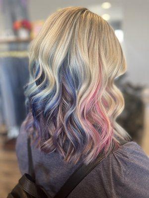 Blonde hair with spring pink, blue and lavender peek a boo colors