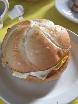 Bacon, egg, and cheese on a hard roll