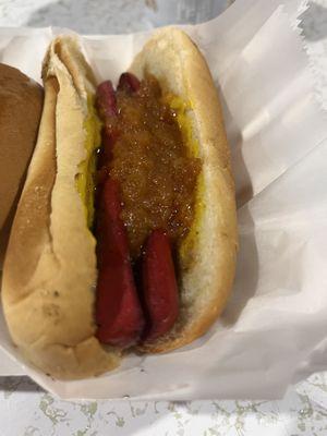 Hot dog with chili sauce and mustard