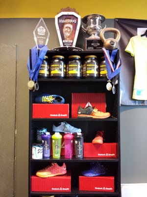 Protein powder and gear for sale on site.