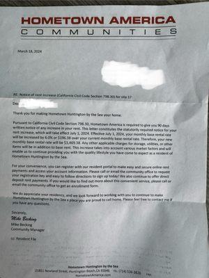 Letter of annual rent increase