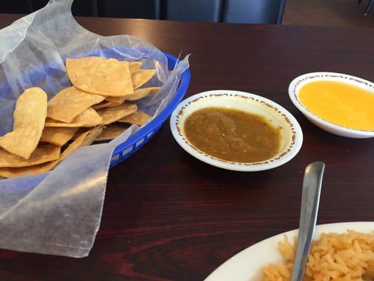 Homemade chips, salsa, and cheese dip