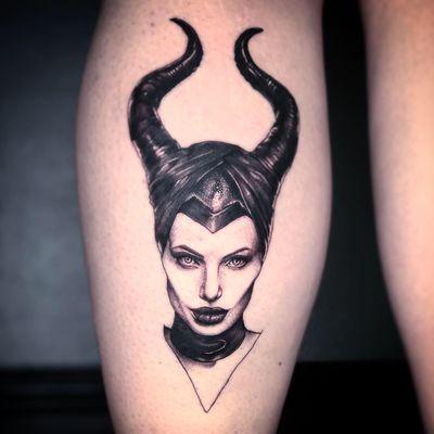 Portrait of Angelina Jolie from Disney's Maleficent done on the calf.