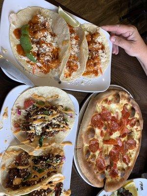 Top: mango shrimp tacos Left: Korean BBQ tacos Right: margherita pizza w/ added pepperoni