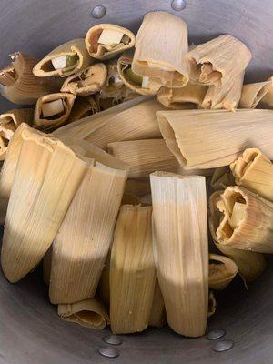 Homemade tamales! Pork or cheese with jalapeños.