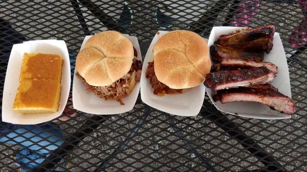 Half slab ribs, Beef brisket, Pulled pork and Cornbread