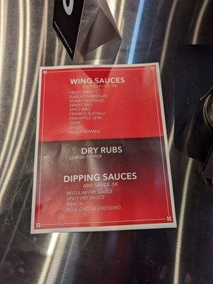 Menu of sauces