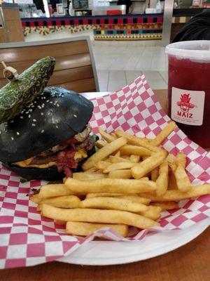 El Panteon burger and fries with a Jamica drink at Maiz mexican cuisine, in Brownsville, Texas