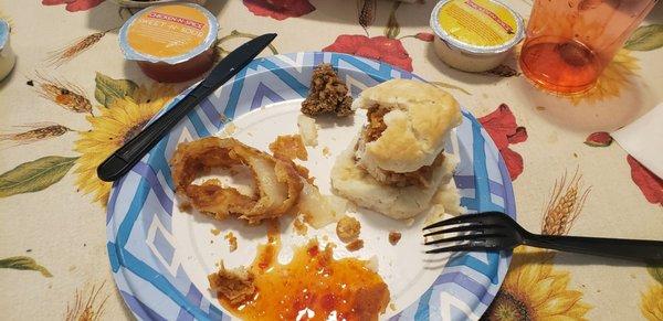 Chicken chunk biscuit sandwich, Chicken Liver, Onion ring, my sweet chili sauce