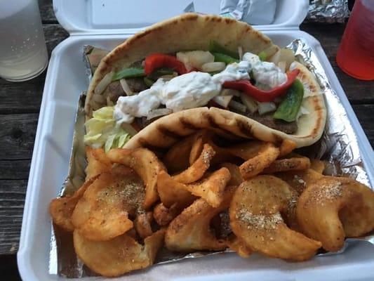 We serve an awesome gyro with special season fries...come in and try some.