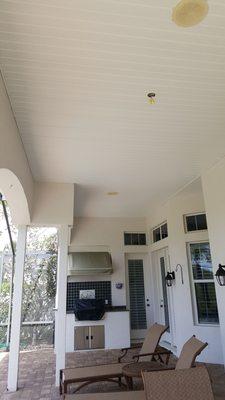 Finished vinyl soffit. Electrician will install the fan.