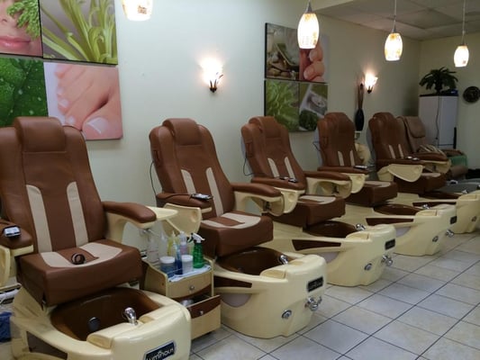 We have new pedicure chairs! Free eyebrow wax with the purchase of pedicure & manicure( exp may 15). free coke, wine