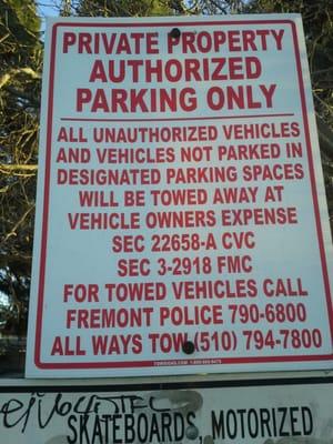 Private Property, Authorized Parking Only! Parking for Ardenwood Plaza Customers Only!