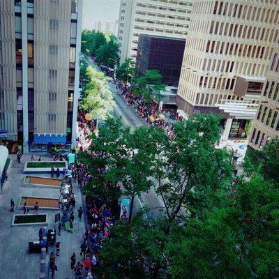 Crowd view from 6th floor garage for Dragon Con parade 2019