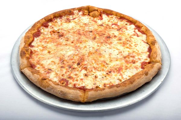 Treat yourself to a scrumptious Genova's To Go Cheese Pizza, perfectly presented on a metallic plate.