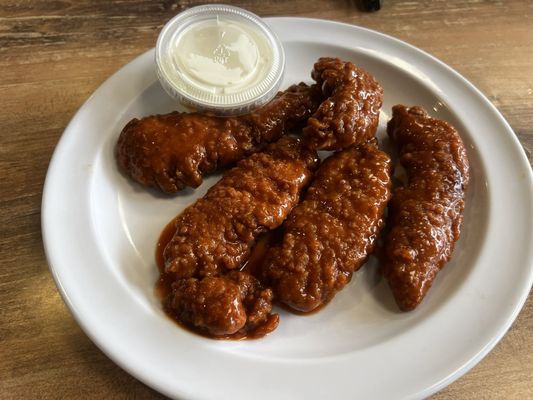 Buffalo fingers. Blue cheese dressing is delicious. So are the fingers!