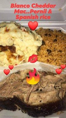 Spanish style pork shoulder pernil white cheddar mac Spanish rice