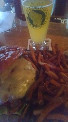 Deluxe cheese burger with Bud's homemade fries and Summer Shandy on tap!